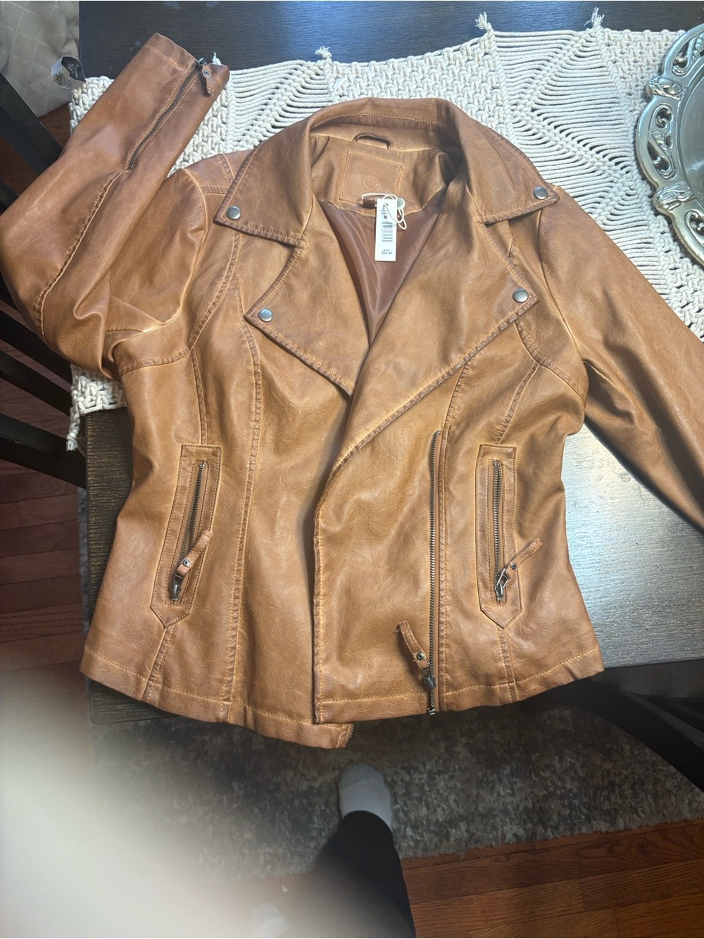 Studio Cognac Brown Faux Leather Moto Jacket